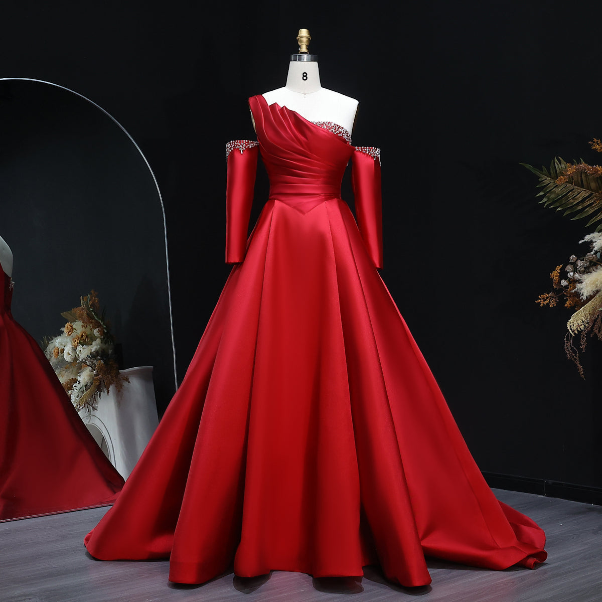 Elegant Black Satin Crystal One Shoulder Evening Dress SF272