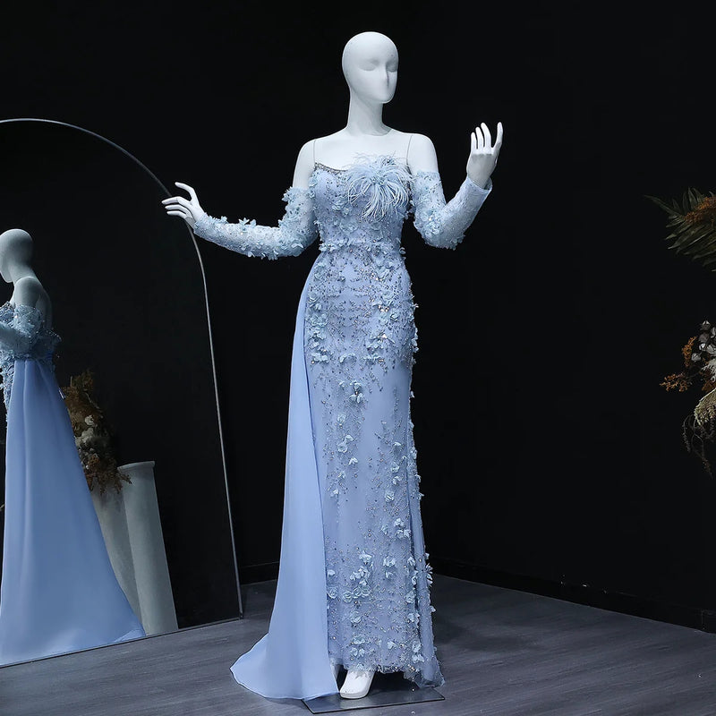 Elegant Blue 3D Flowers Feathers Evening Dress with Sleeves SS342