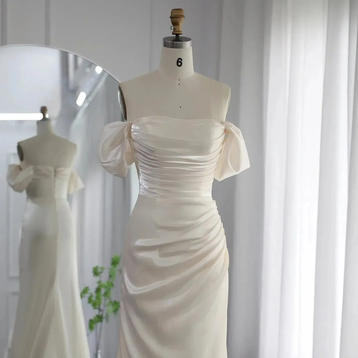 Elegant Off Shoulder Arabic Mermaid Beige Evening Dress SF001