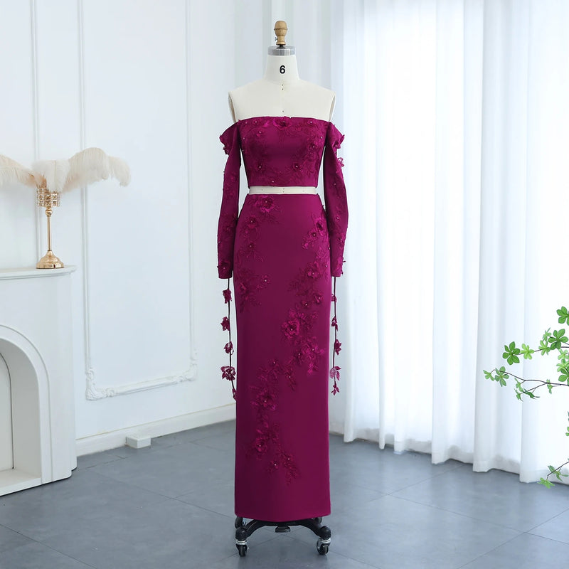 Elegant Off Shoulder Fuchsia Long Sleeves Evening Dress SS310