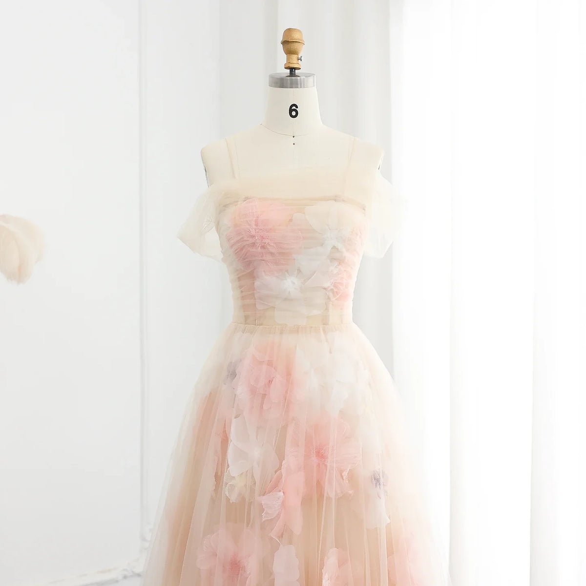 Elegant Off Shoulder Pink 3D Flowers Champagne Evening Dress Arabic SS321