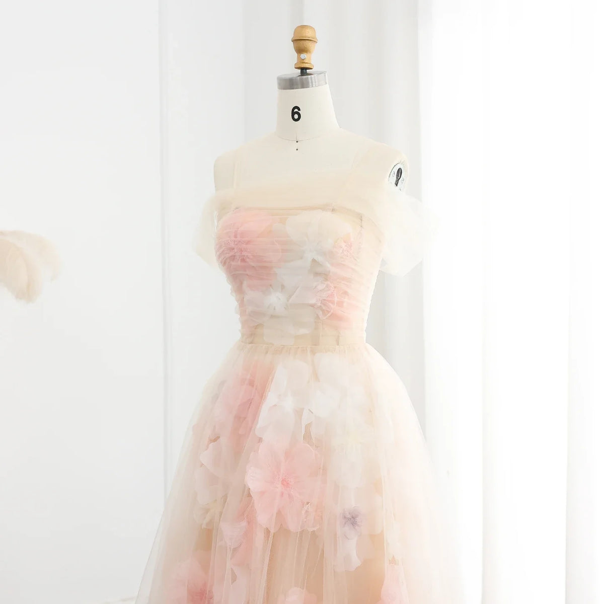 Elegant Off Shoulder Pink 3D Flowers Champagne Evening Dress Arabic SS321