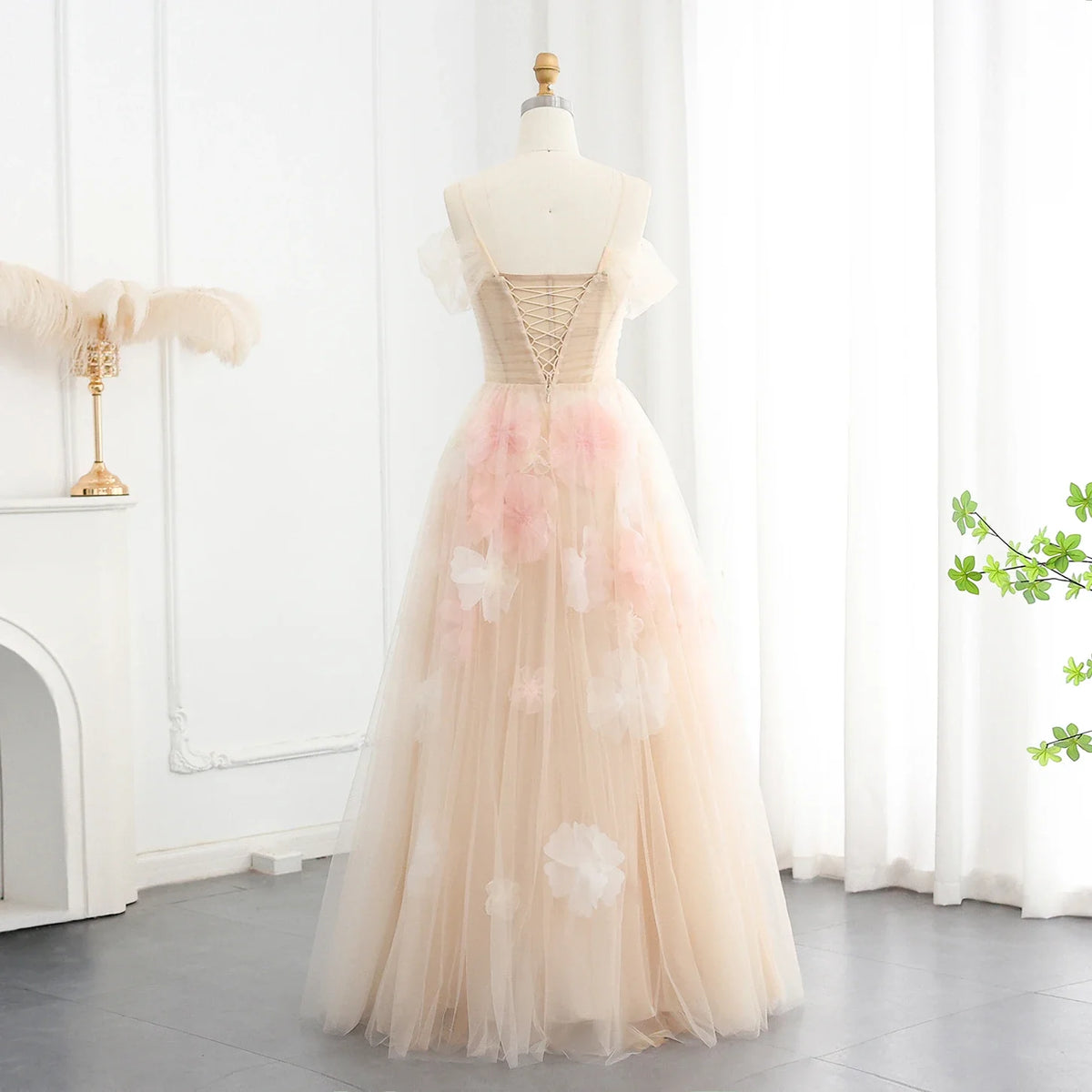 Elegant Off Shoulder Pink 3D Flowers Champagne Evening Dress Arabic SS321