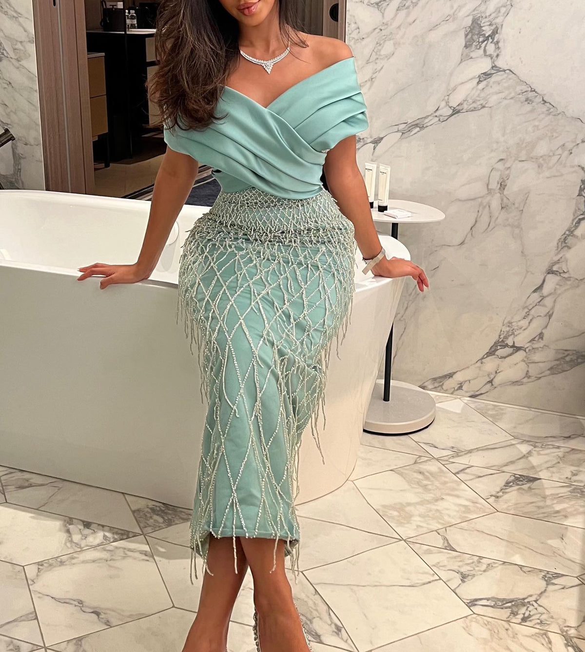 Elegant Off Shoulder Sage Green Tassel Evening Dress SS447