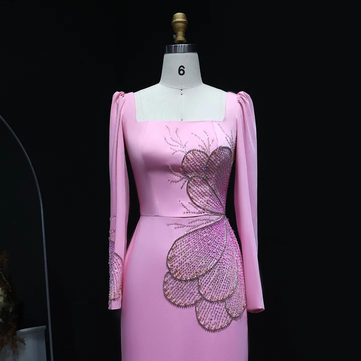 Elegant Pink Beaded Evening Dress with Long Sleeves SS262