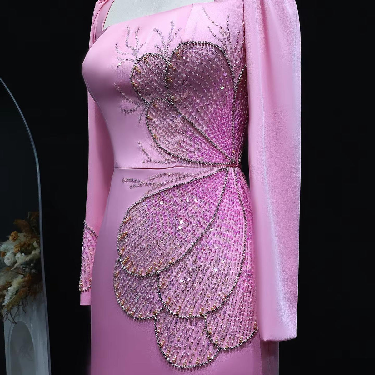 Elegant Pink Beaded Evening Dress with Long Sleeves SS262