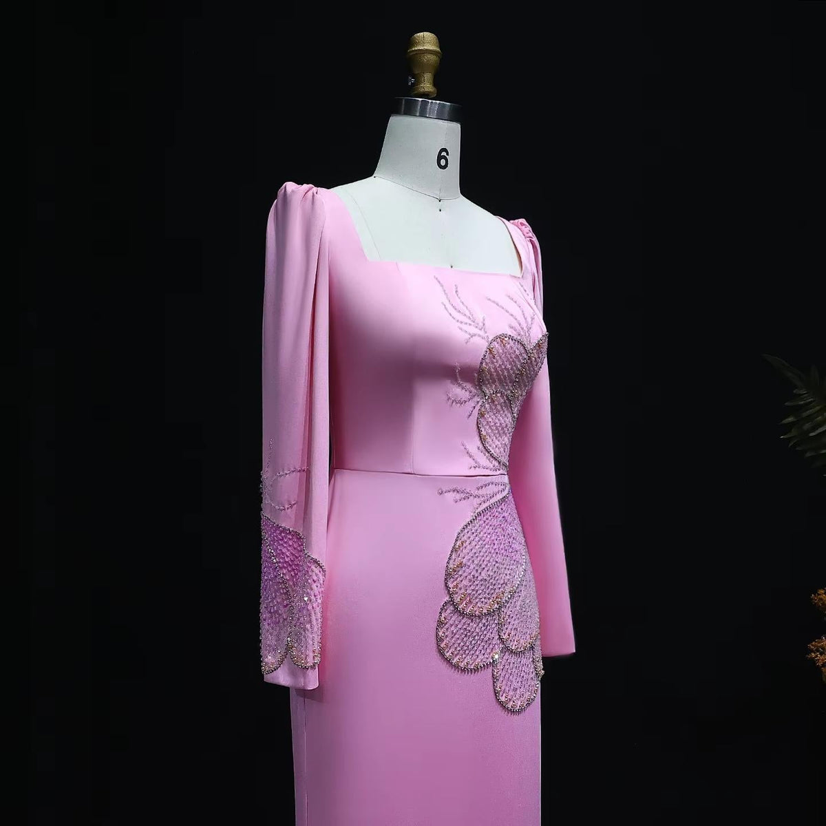 Elegant Pink Beaded Evening Dress with Long Sleeves SS262