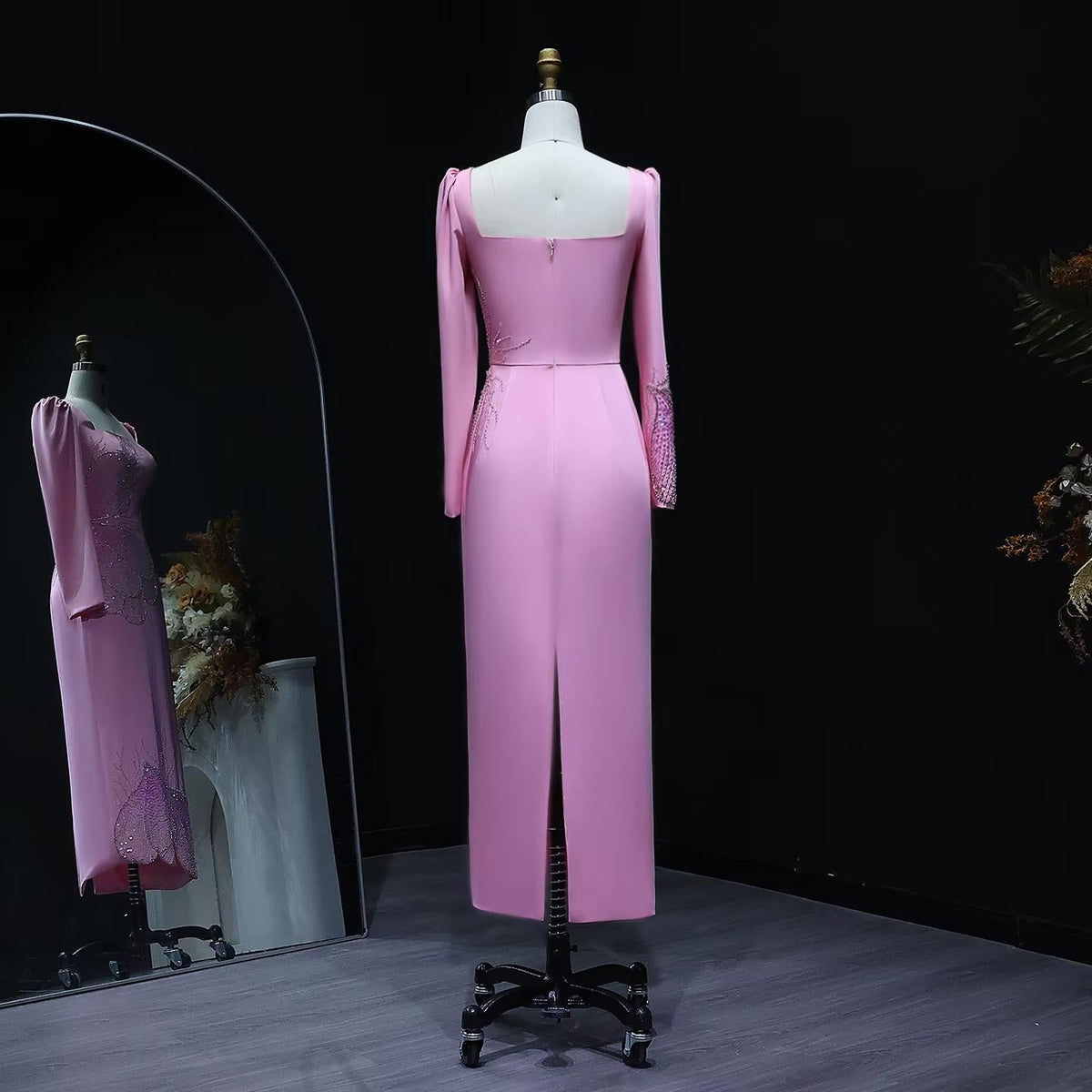 Elegant Pink Beaded Evening Dress with Long Sleeves SS262