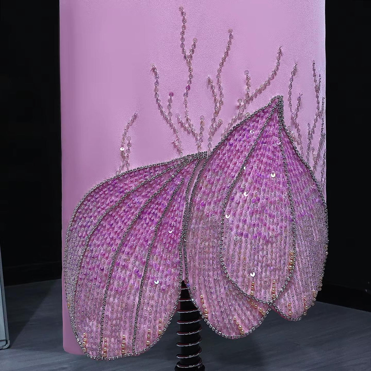 Elegant Pink Beaded Evening Dress with Long Sleeves SS262