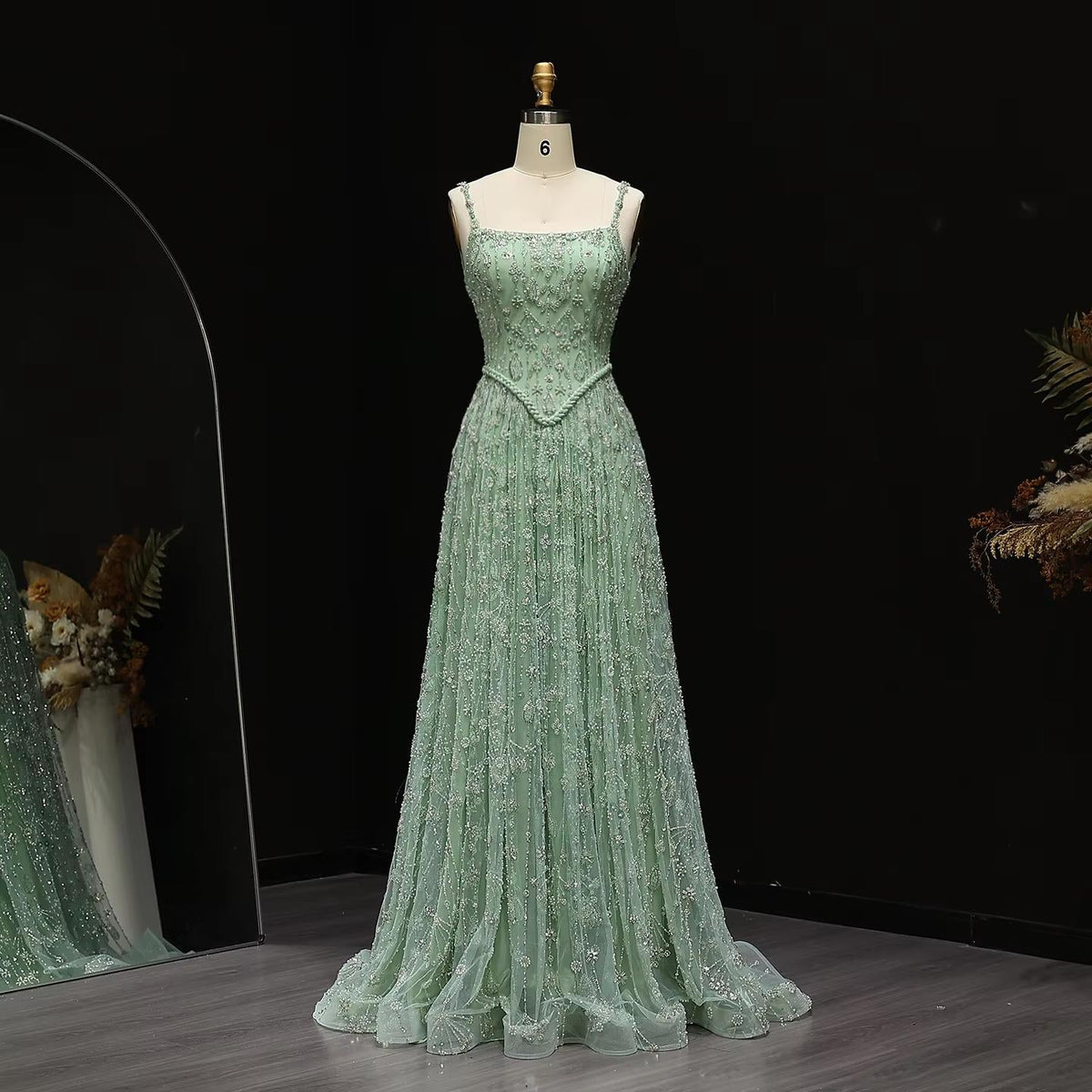Elegant Sage Green Luxury Evening Dress with Spaghetti Straps SS123