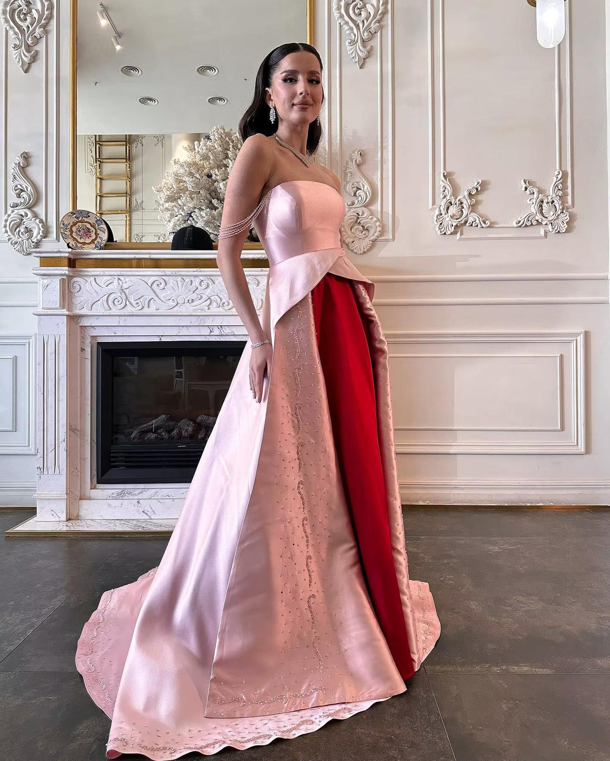 Elegant Strapless Pink and Red Two-Tone Evening Dress SS244
