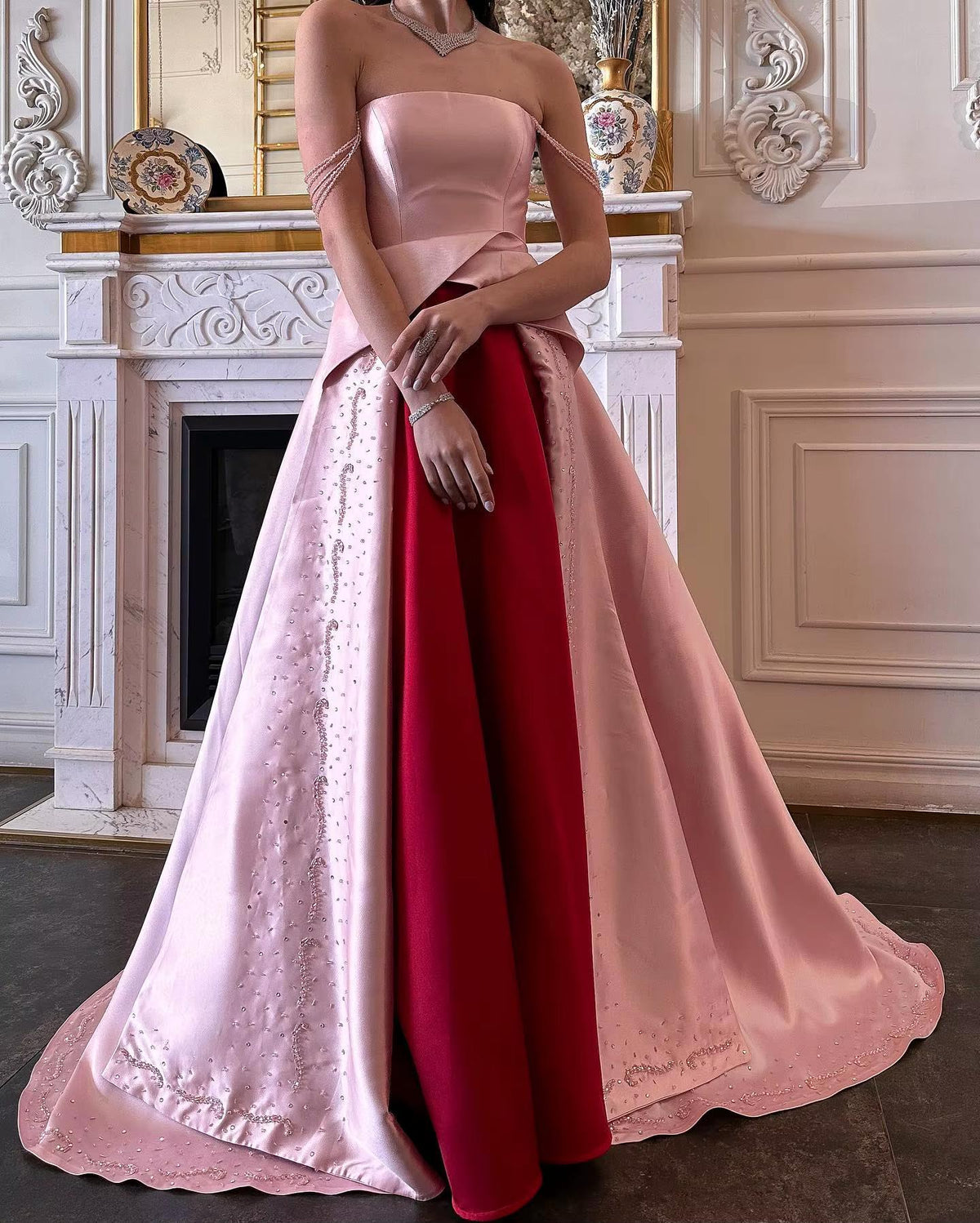 Elegant Strapless Pink and Red Two-Tone Evening Dress SS244