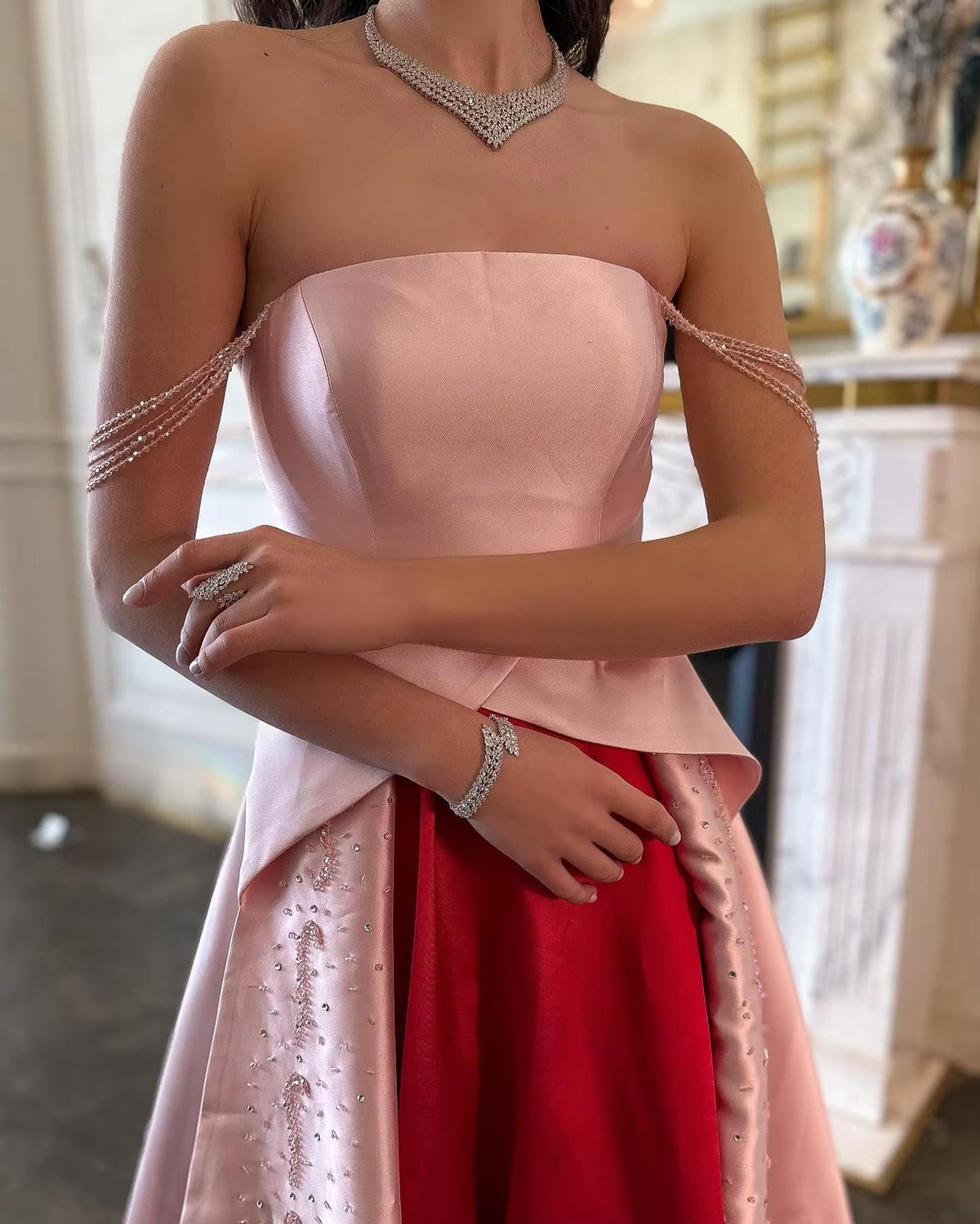 Elegant Strapless Pink and Red Two-Tone Evening Dress SS244
