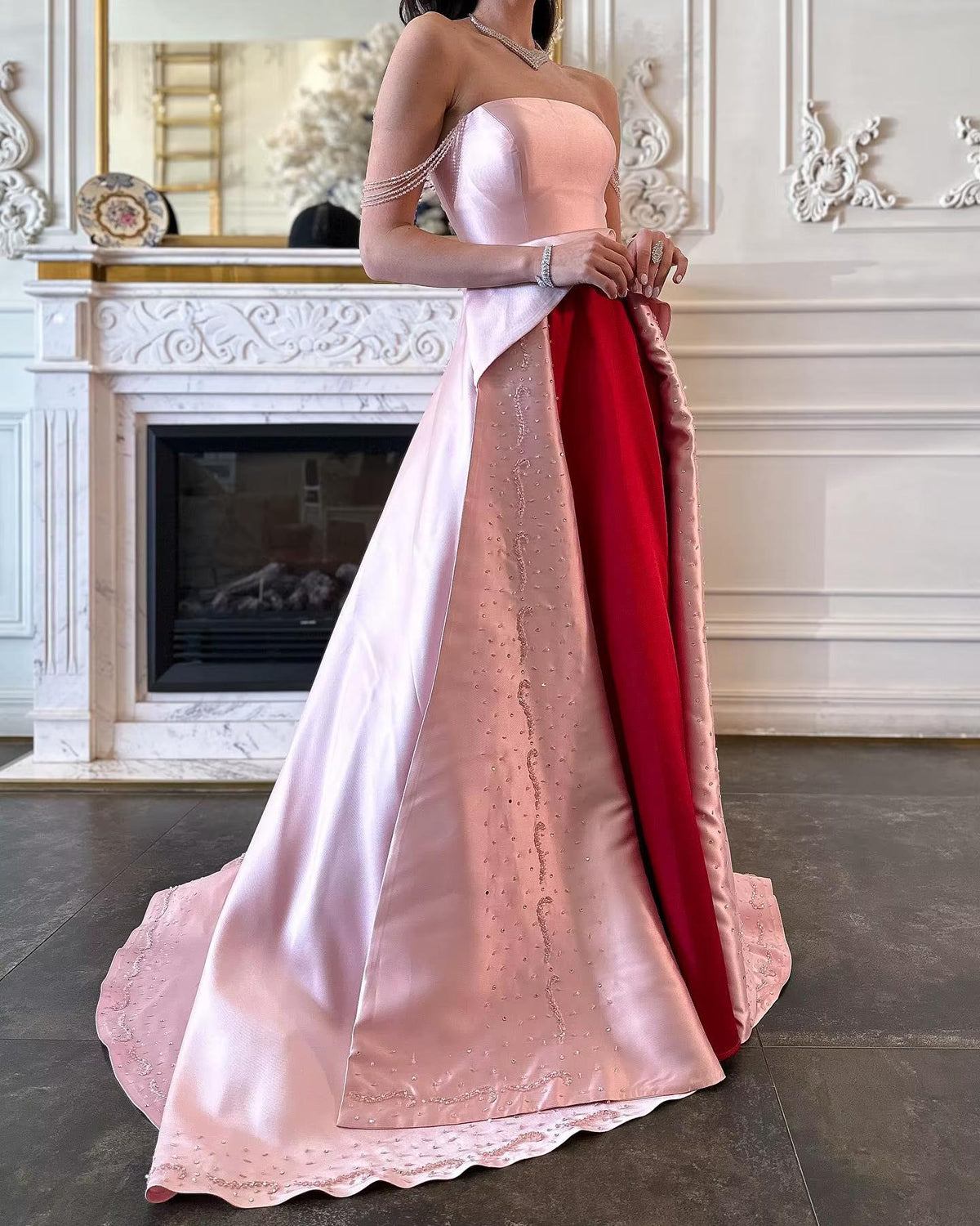 Elegant Strapless Pink and Red Two-Tone Evening Dress SS244