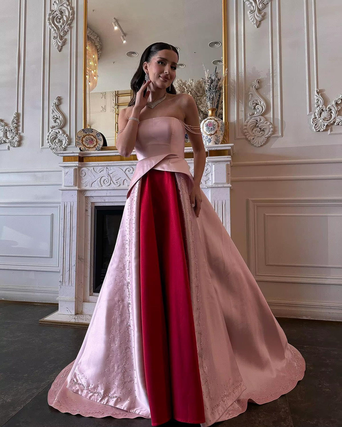 Elegant Strapless Pink and Red Two-Tone Evening Dress SS244