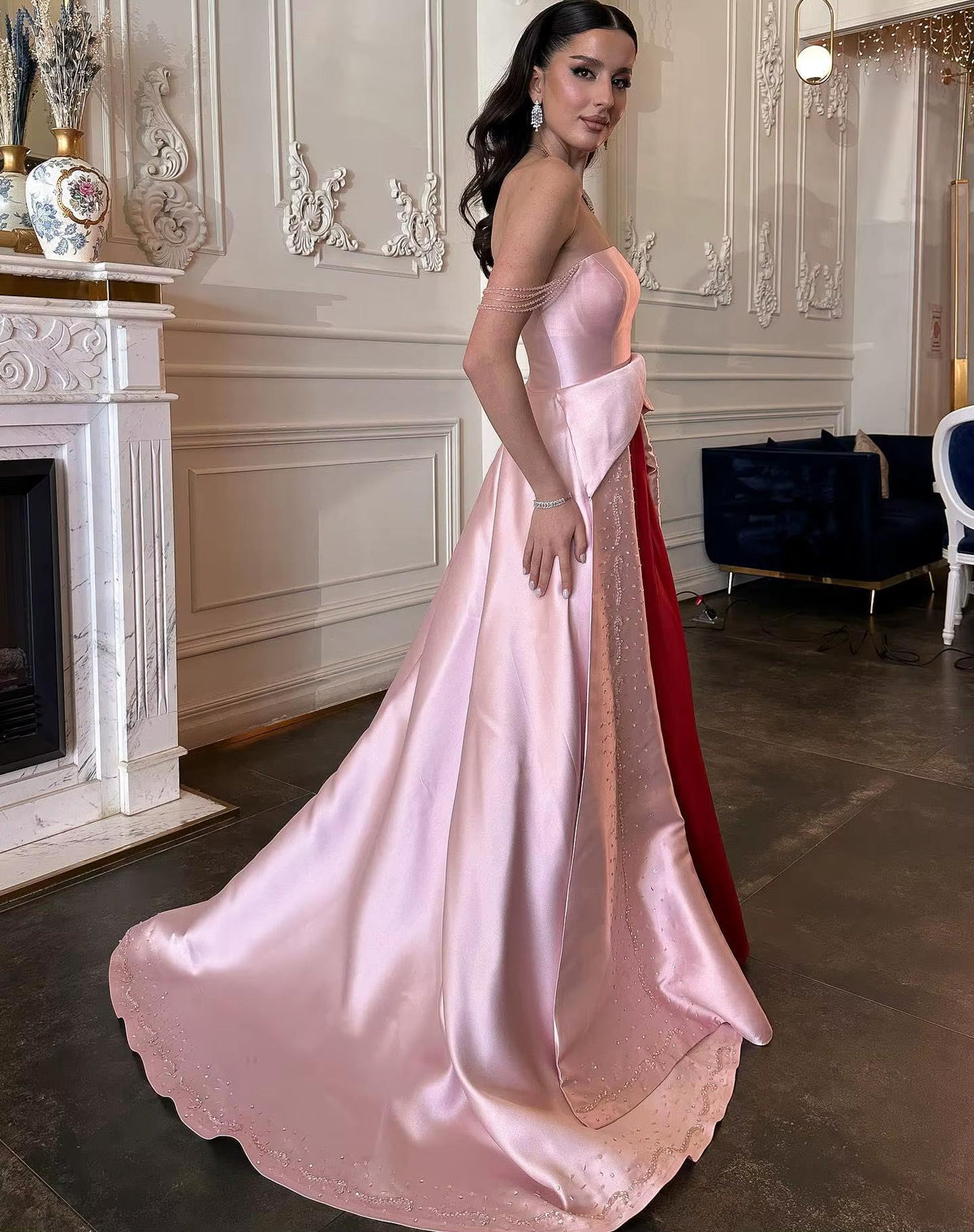 Elegant Strapless Pink and Red Two-Tone Evening Dress SS244