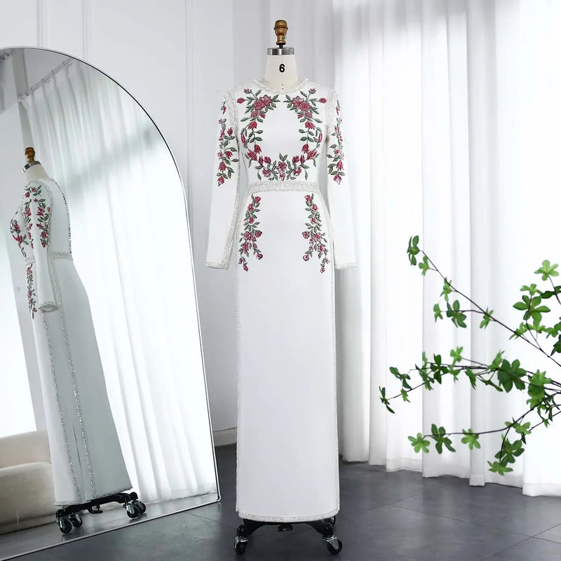 Elegant White Long Sleeves Embroidery Flora Evening Dress SS541