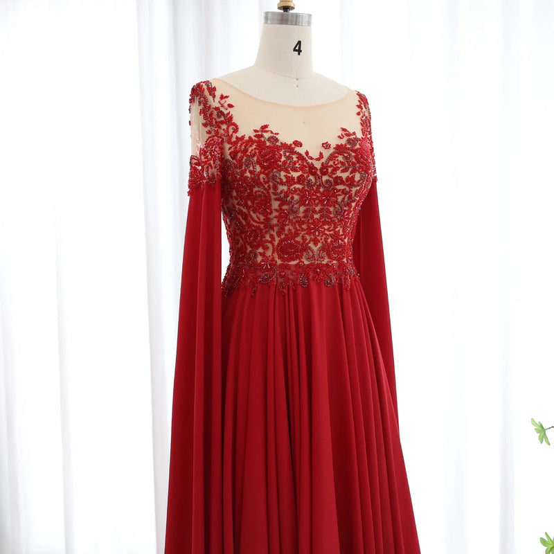 Elegant Wine Red Chiffon Beaded Luxury Evening Dress with Cape Sleeves SS298