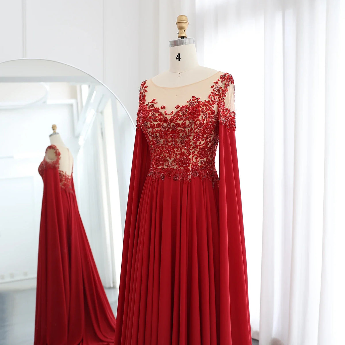 Elegant Wine Red Chiffon Beaded Luxury Evening Dress with Cape Sleeves SS298