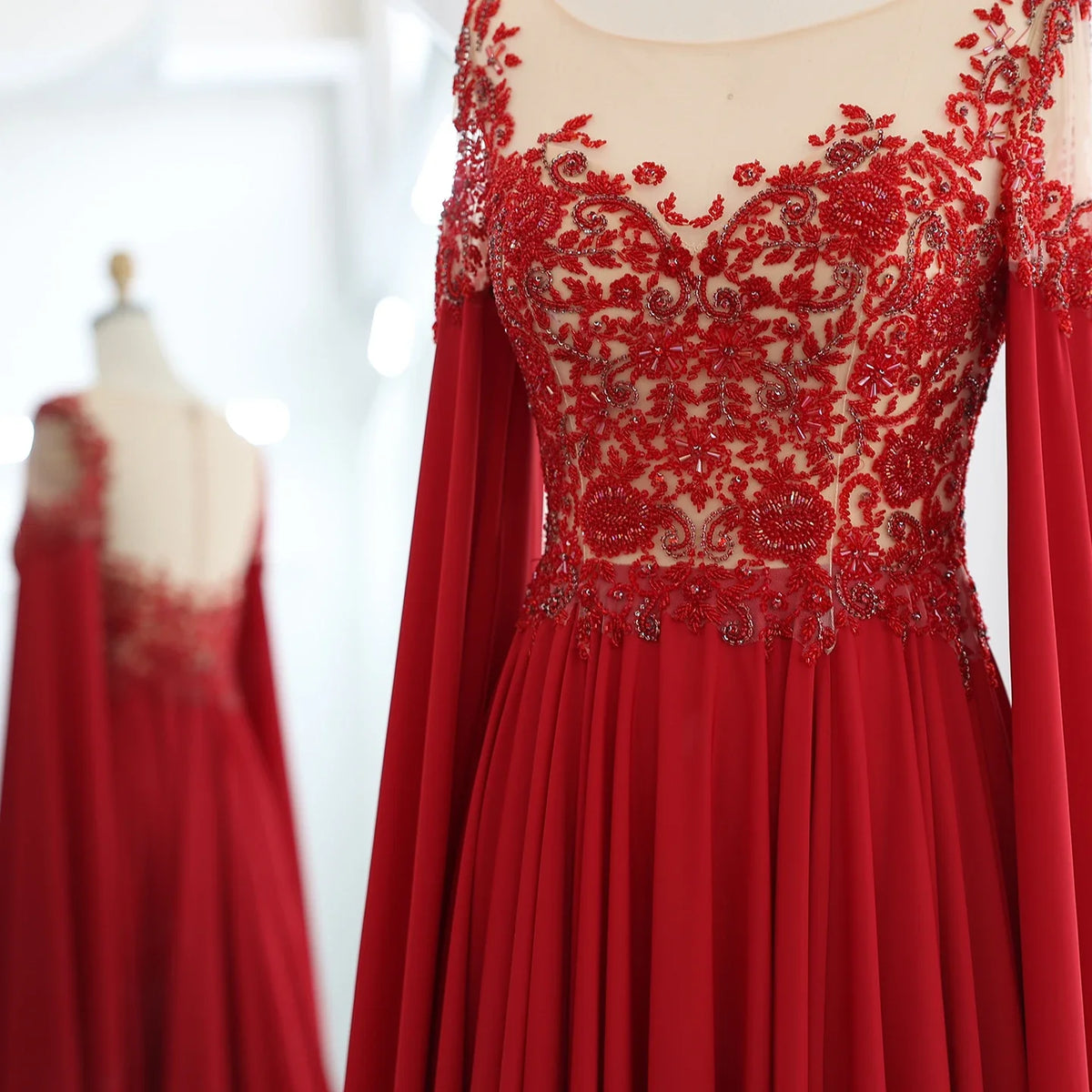 Elegant Wine Red Chiffon Beaded Luxury Evening Dress with Cape Sleeves SS298