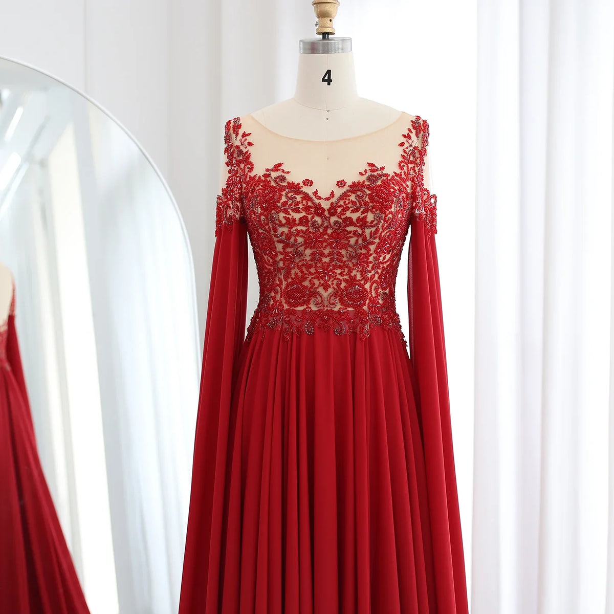 Elegant Wine Red Chiffon Beaded Luxury Evening Dress with Cape Sleeves SS298
