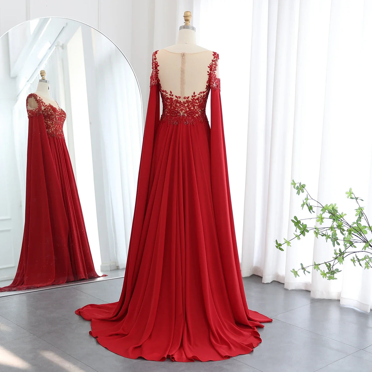 Elegant Wine Red Chiffon Beaded Luxury Evening Dress with Cape Sleeves SS298