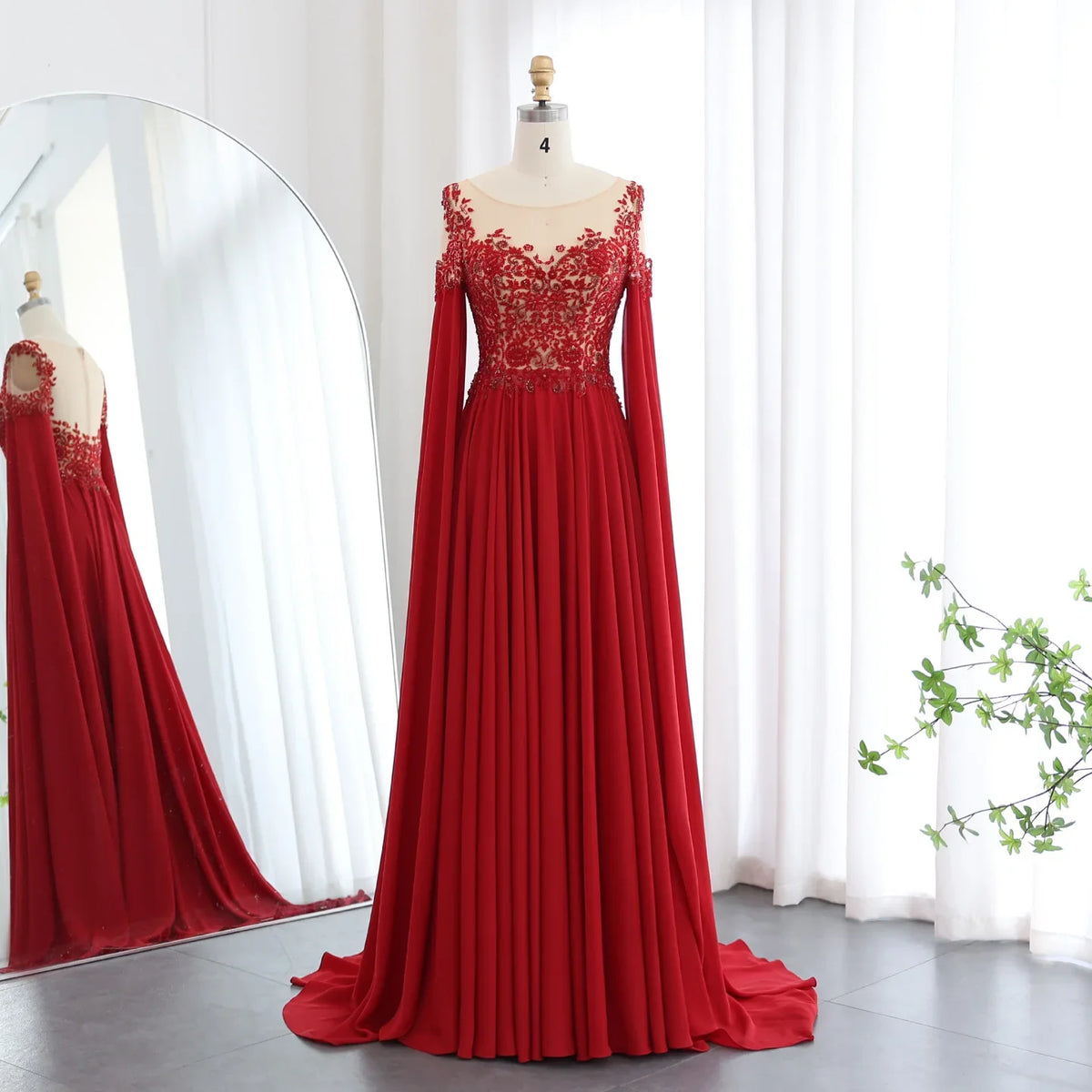 Elegant Wine Red Chiffon Beaded Luxury Evening Dress with Cape Sleeves SS298