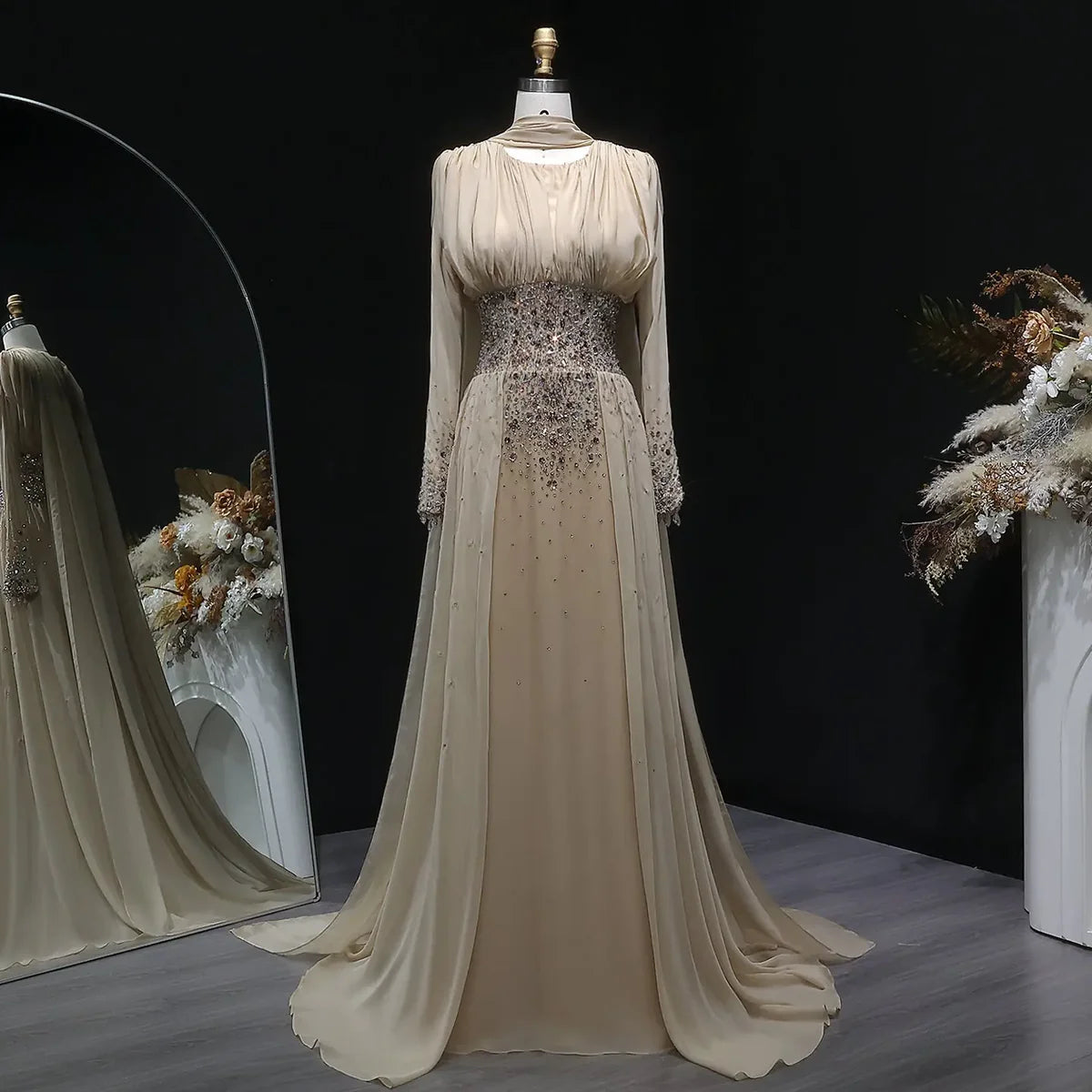 Elegant Champagne Embellished Evening Dress with Draped Cape Sleeves SS533