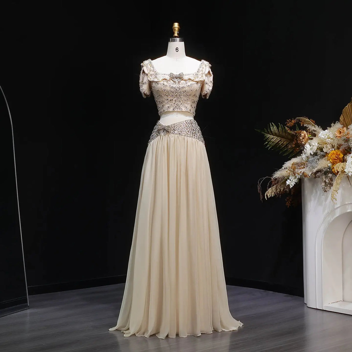 Chic Champagne Short Sleeve Evening Dress with Beaded Crop Top SS544