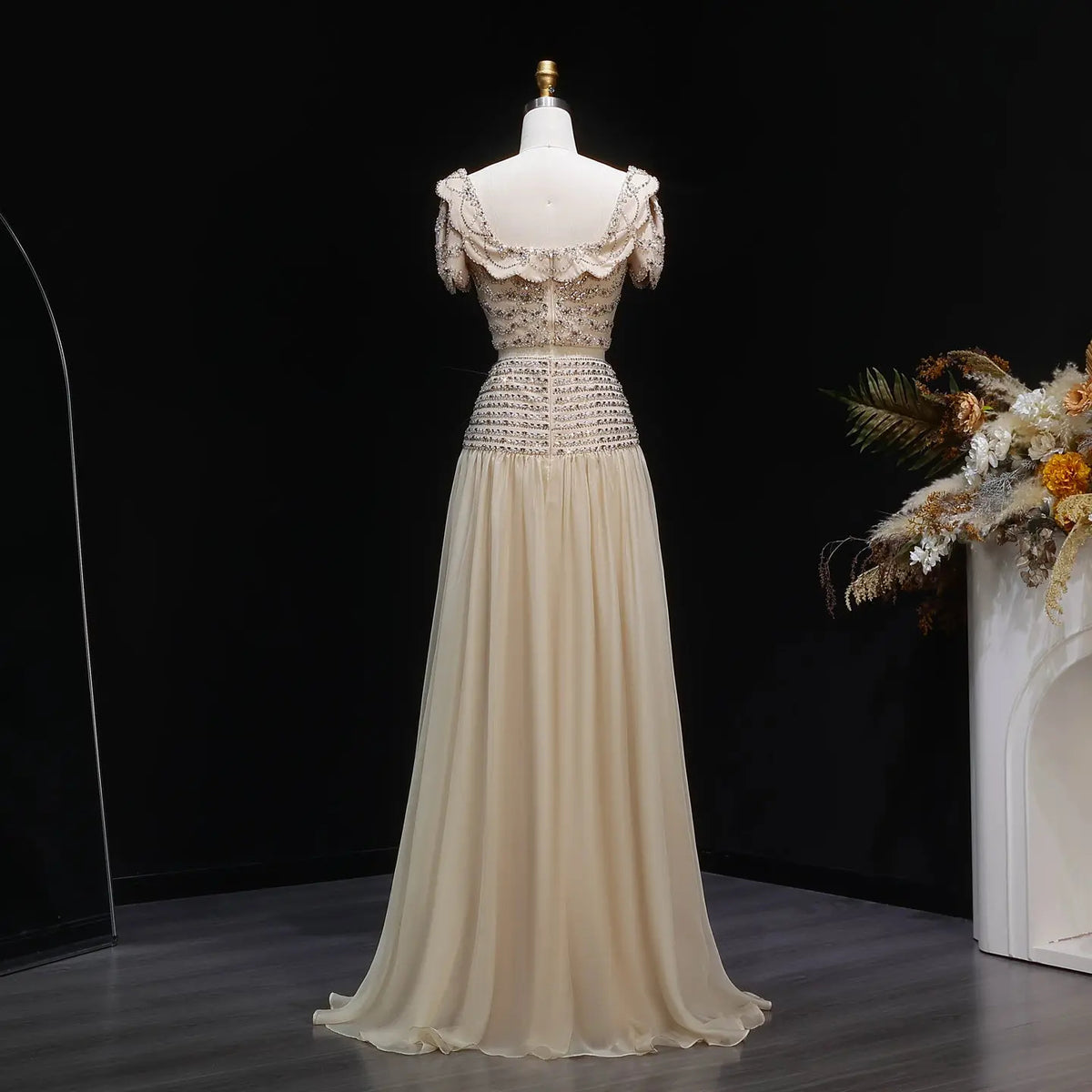 Chic Champagne Short Sleeve Evening Dress with Beaded Crop Top SS544
