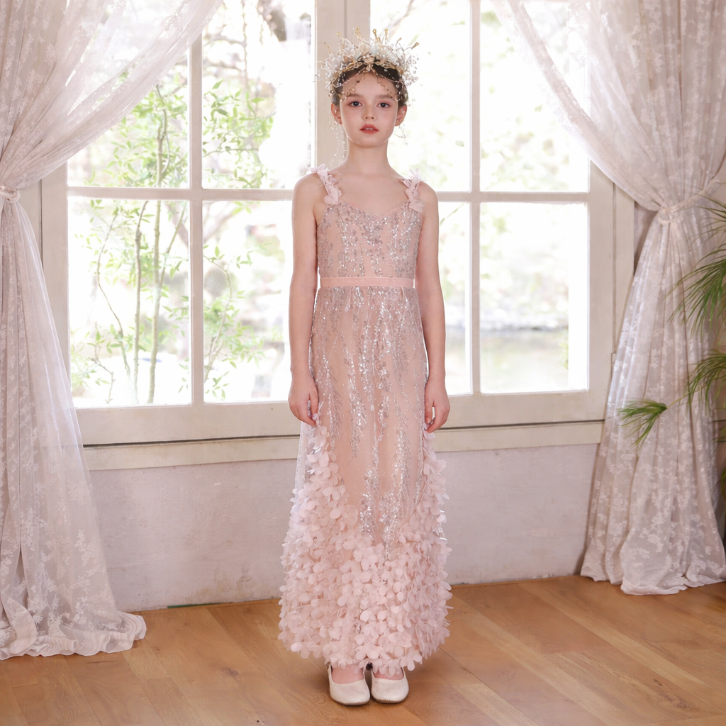 Elegant Floral Sequin Dress with Ruffled Hem Perfect for Special Occasions J046