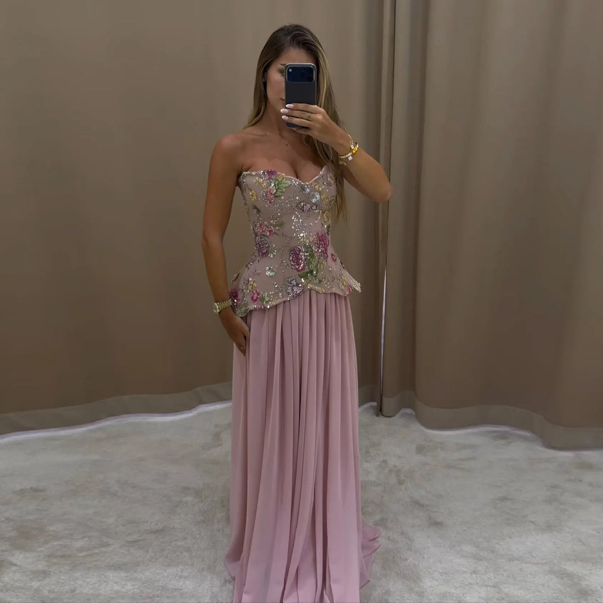 Elegant Strapless Floral Embroidered Chiffon Evening Gown with Pleated Skirt SS480