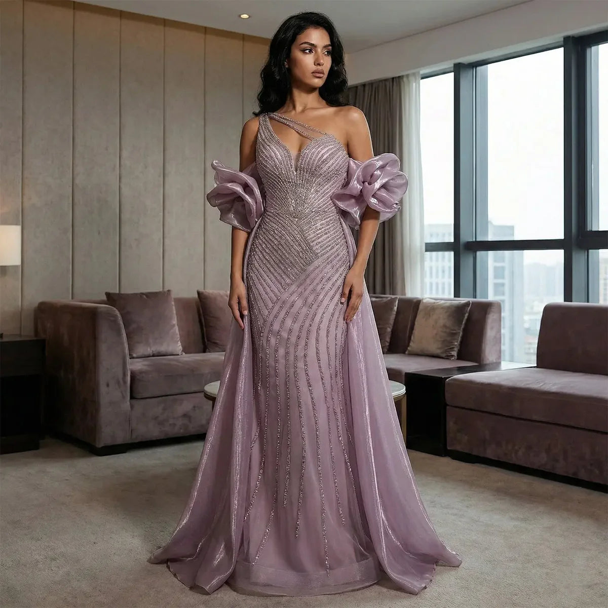 Luxury Sage Green Evening Dress One Shoulder Wedding Party Gowns SS016