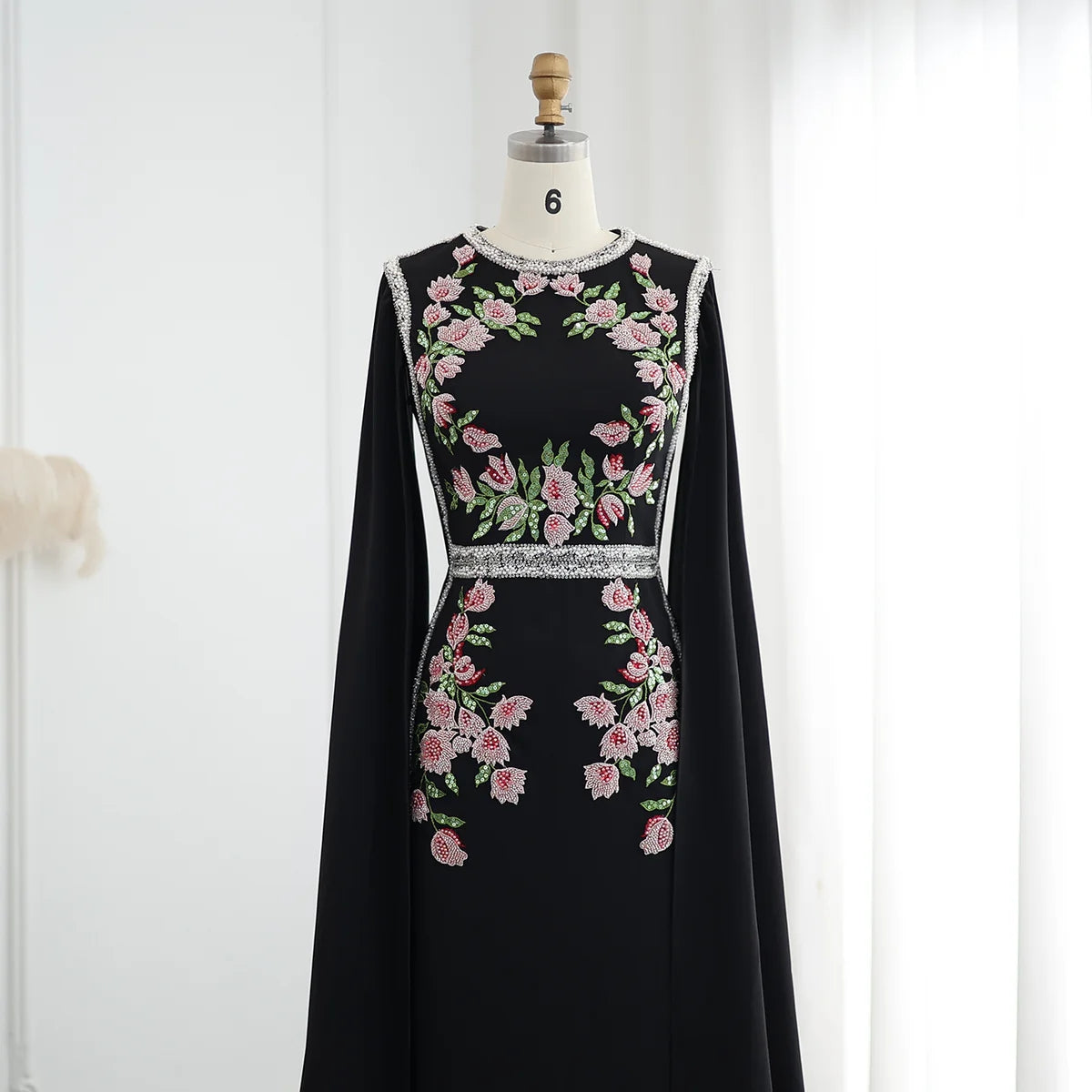 Embroidered Beaded Black Evening Dress with Cape Sleeves SS487