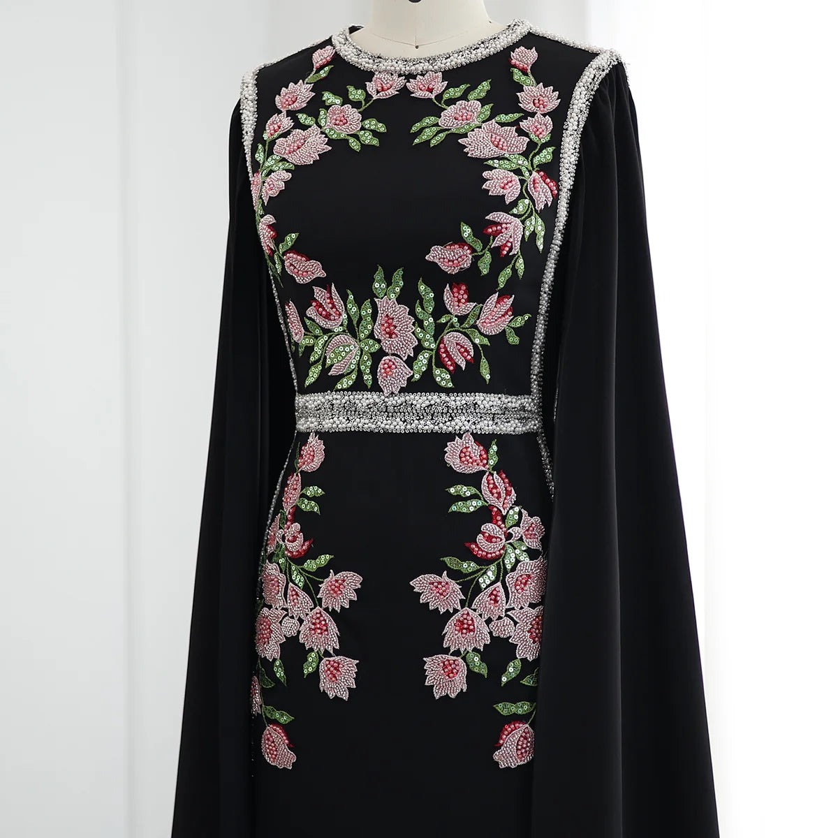 Embroidered Beaded Black Evening Dress with Cape Sleeves SS487