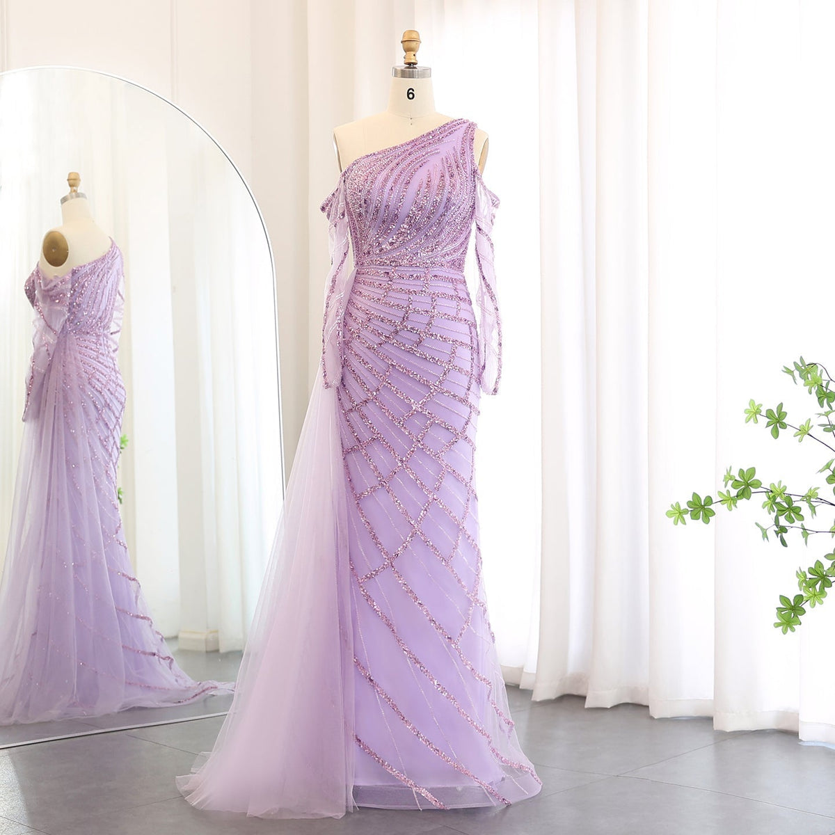 Emerald Green One Shoulder Mermaid Evening Dress with Overskirt Long Sleeves SS413