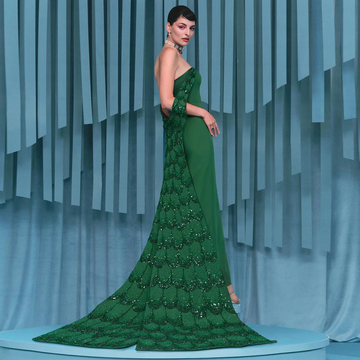 Luxury Green Crystal Mermaid Prom Dress with Flowing Overskirt SS645