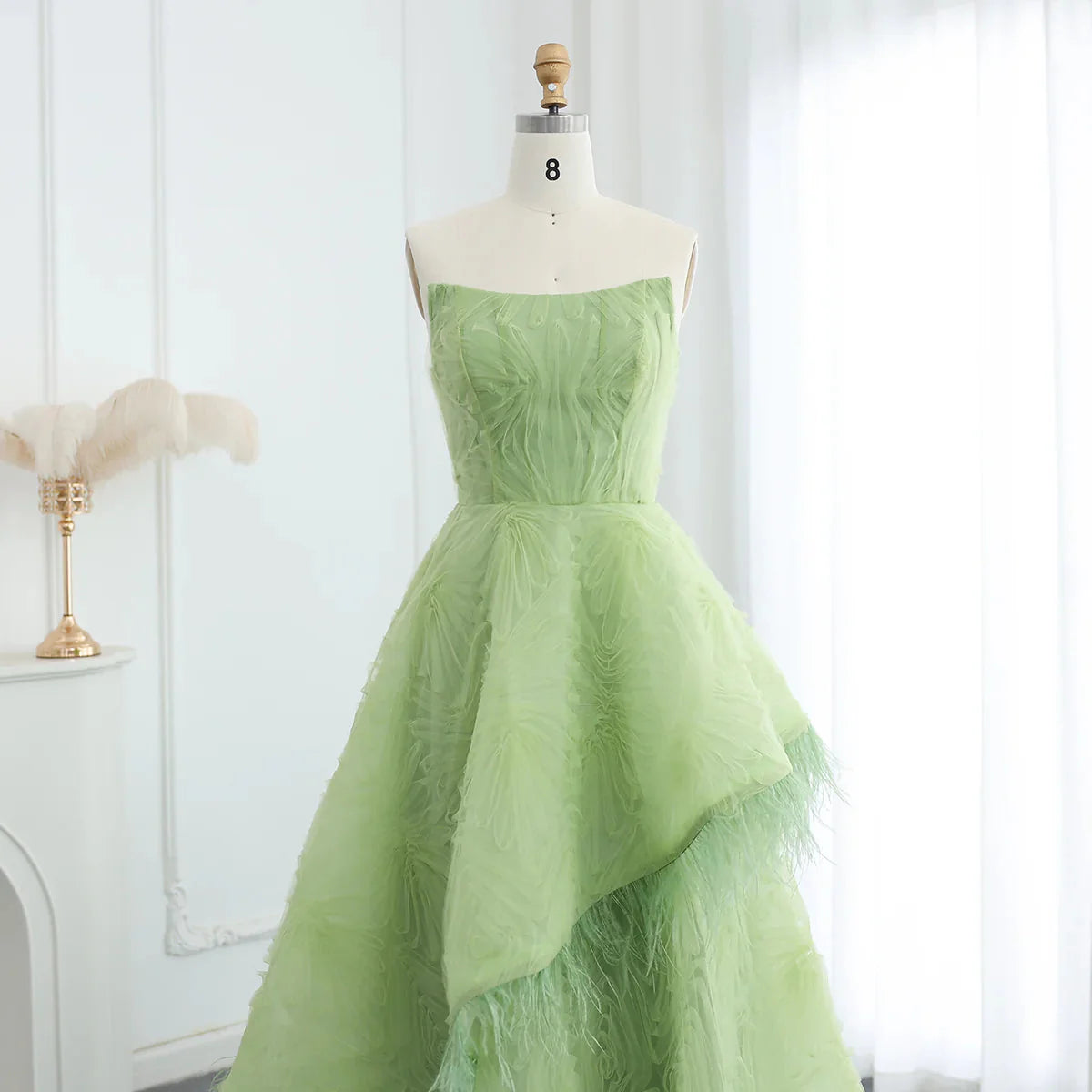 Feather 3D Floral Lime Green Strapless Evening Dress SF034