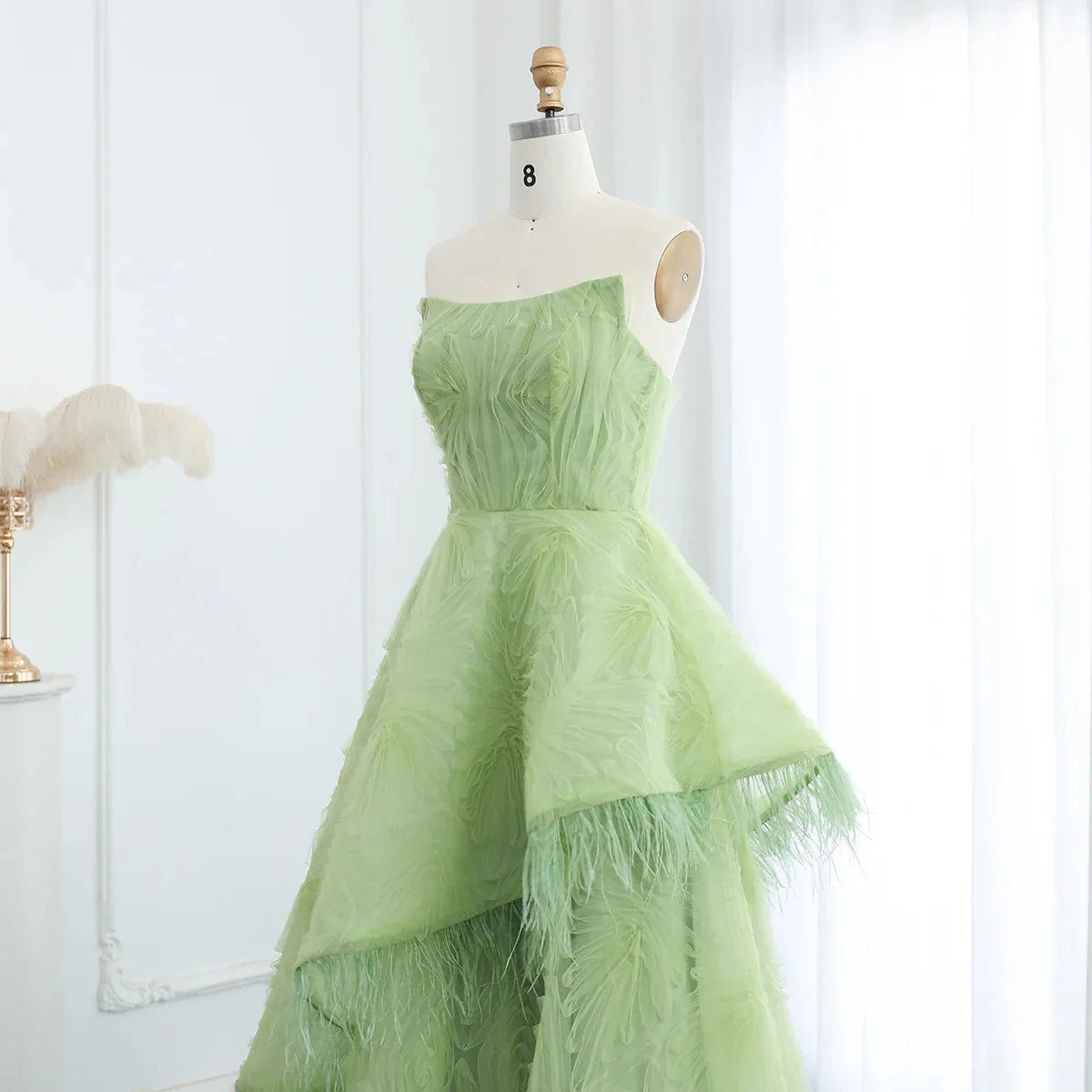 Feather 3D Floral Lime Green Strapless Evening Dress SF034