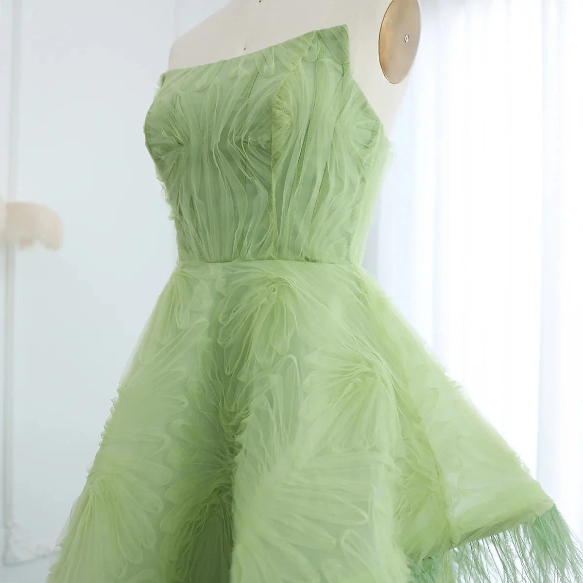 Feather 3D Floral Lime Green Strapless Evening Dress SF034
