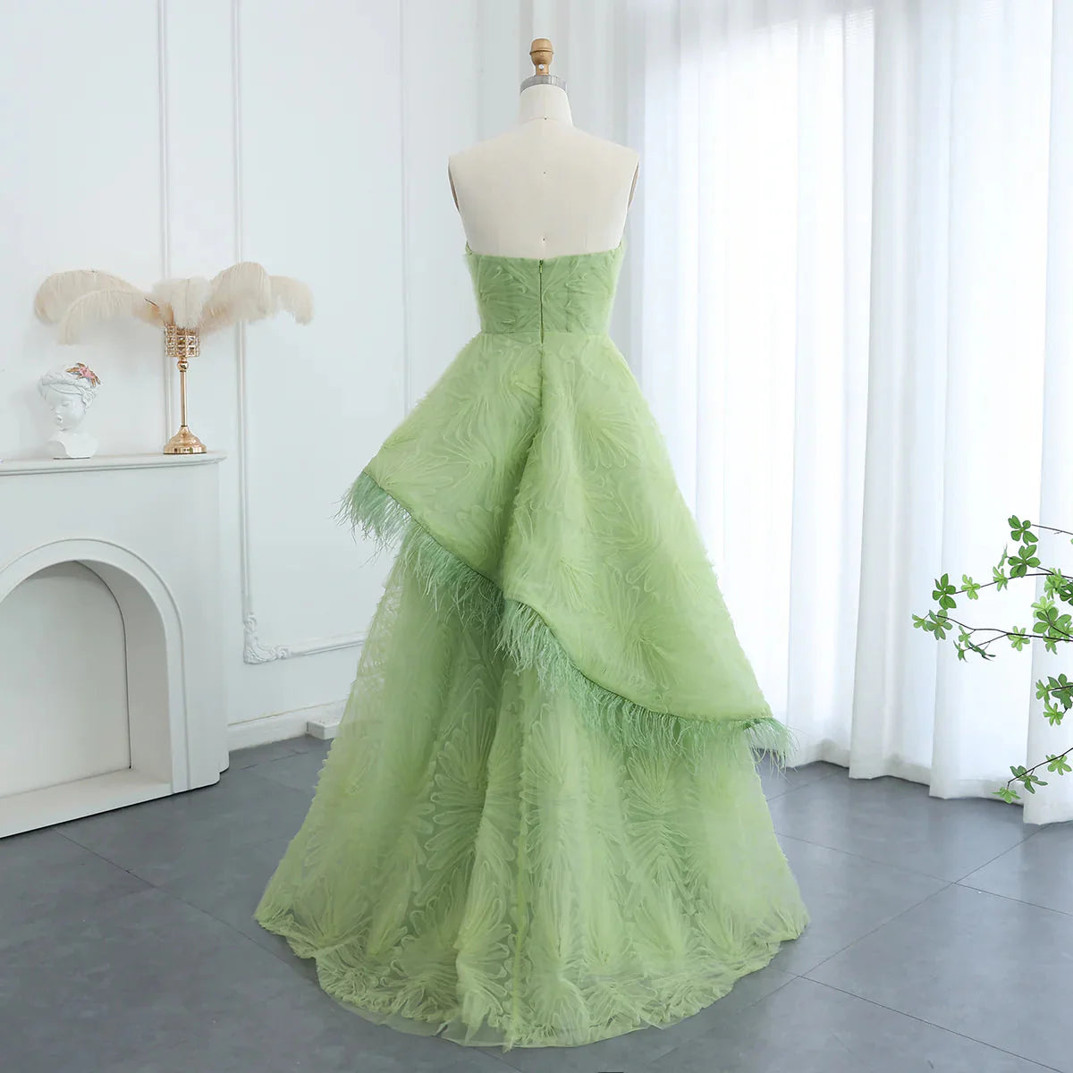 Feather 3D Floral Lime Green Strapless Evening Dress SF034