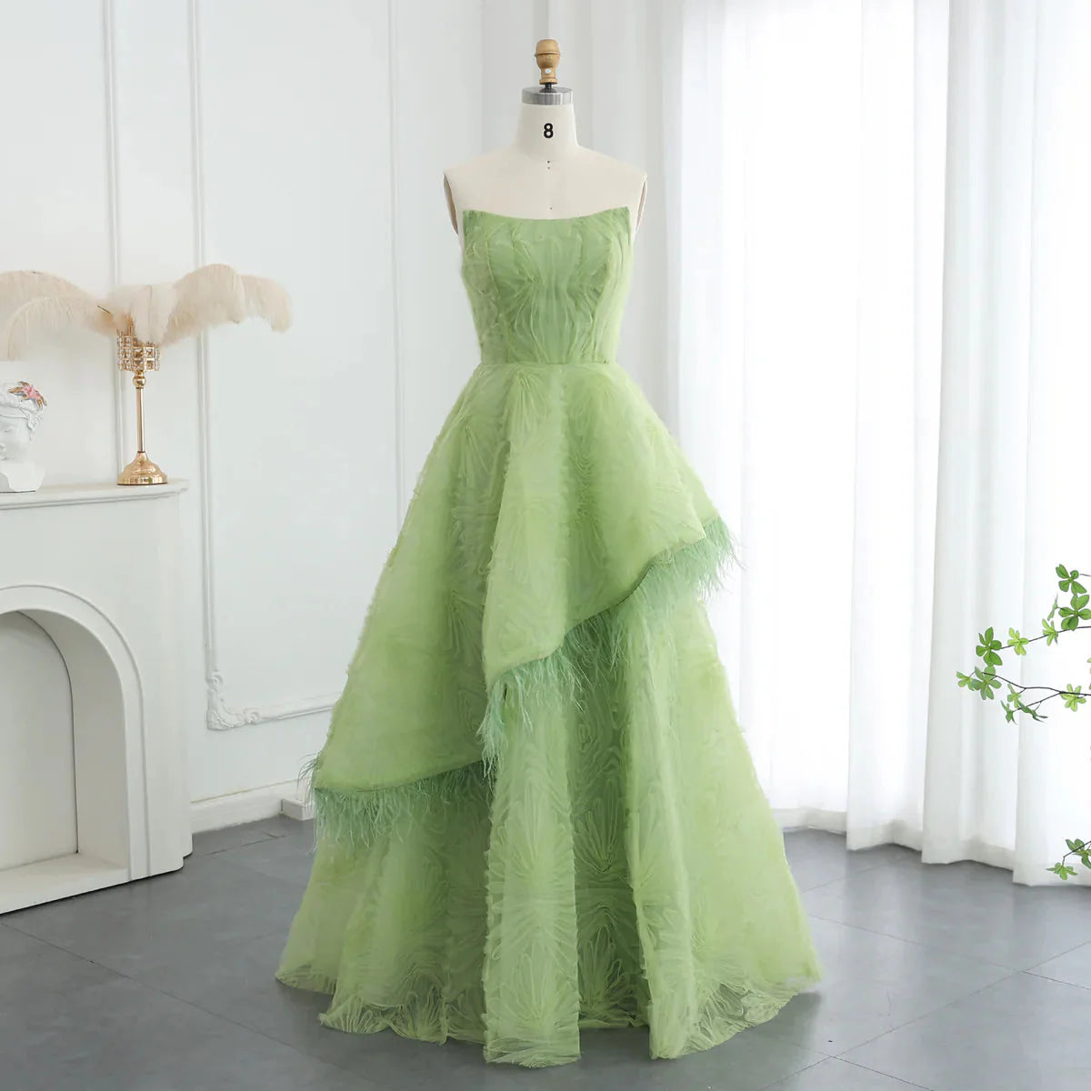 Feather 3D Floral Lime Green Strapless Evening Dress SF034