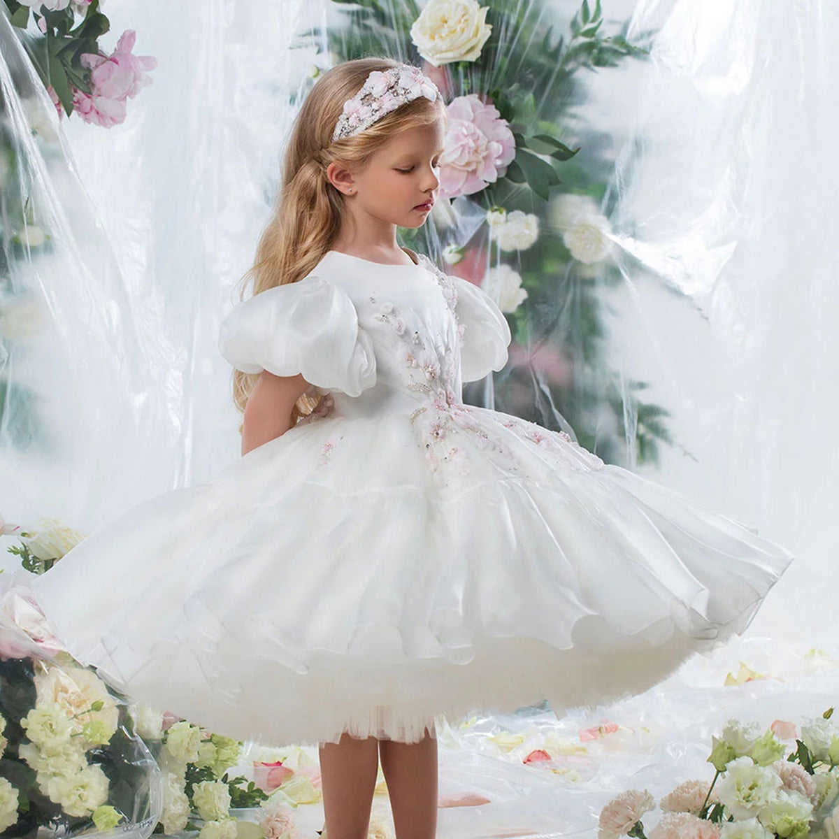 Jill Wish Luukse Dubai Wit Meisie Rok 3D Blomme Krale Balrok vir Kind Trou Verjaardag Nagmaal Partytjie Pageant 2024 J348