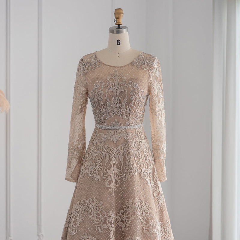 For Sale Champagne Lace Long Sleeves Evening Dress SS193