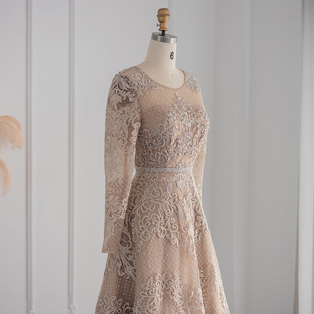 For Sale Champagne Lace Long Sleeves Evening Dress SS193