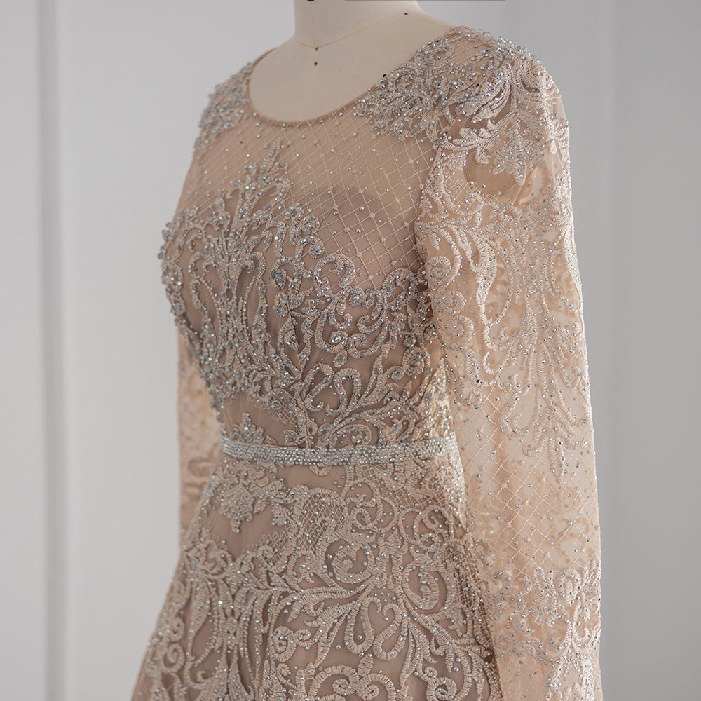 For Sale Champagne Lace Long Sleeves Evening Dress SS193