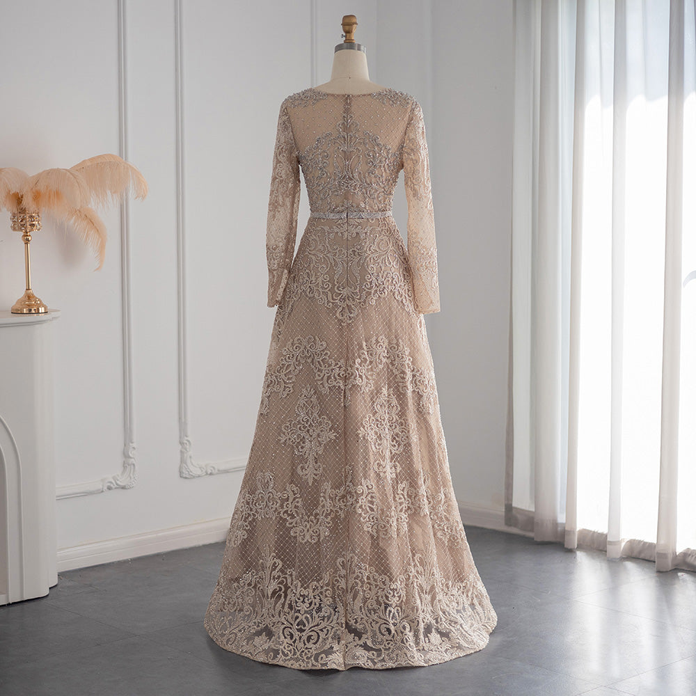 For Sale Champagne Lace Long Sleeves Evening Dress SS193