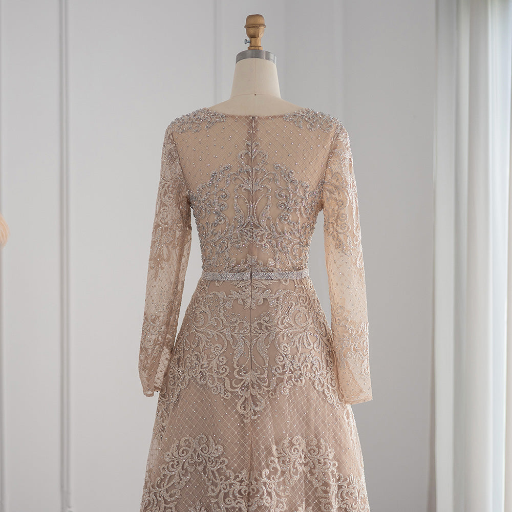 For Sale Champagne Lace Long Sleeves Evening Dress SS193