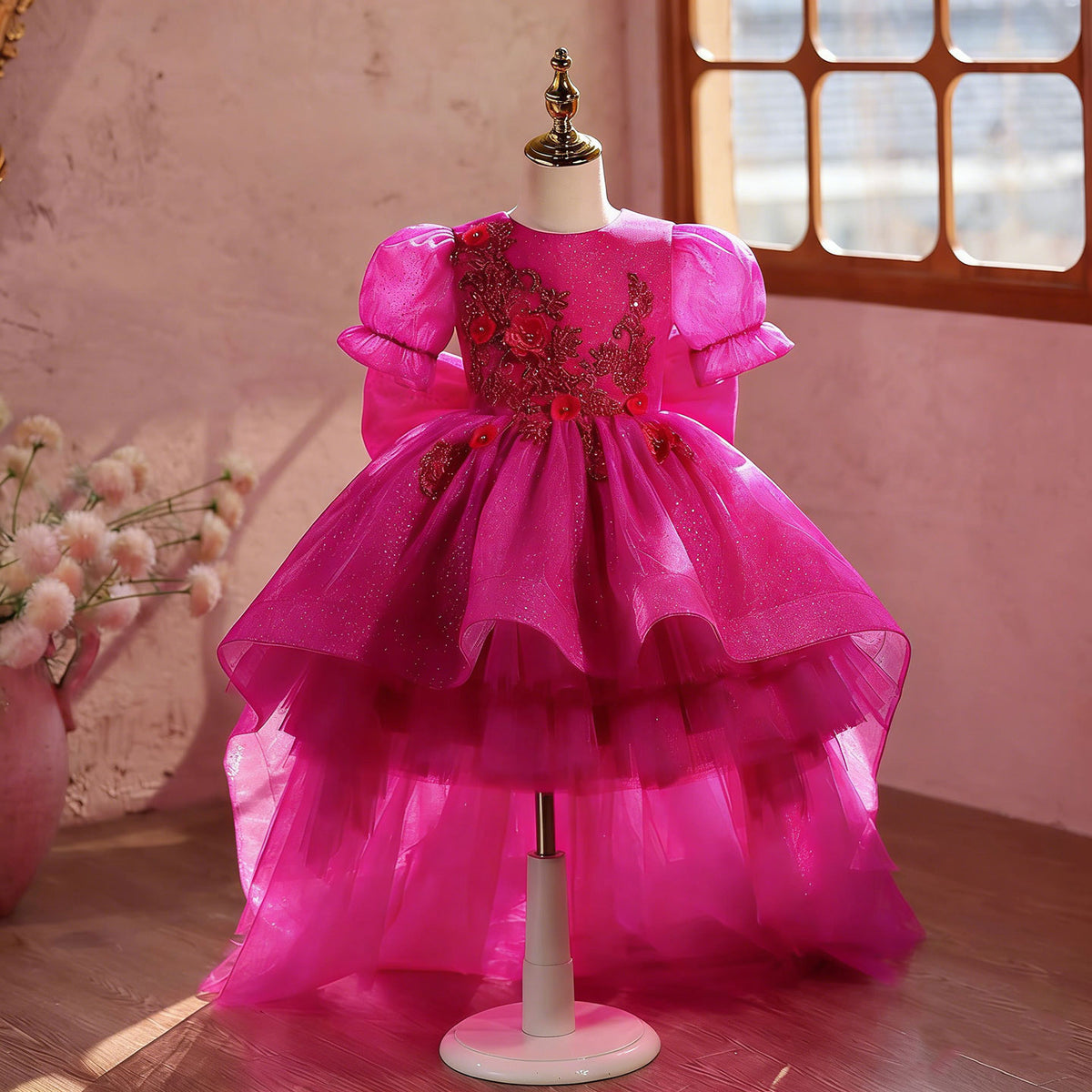Fuchsia High-Low Girls Princess Dress Embroidered Floral Party Gown J889