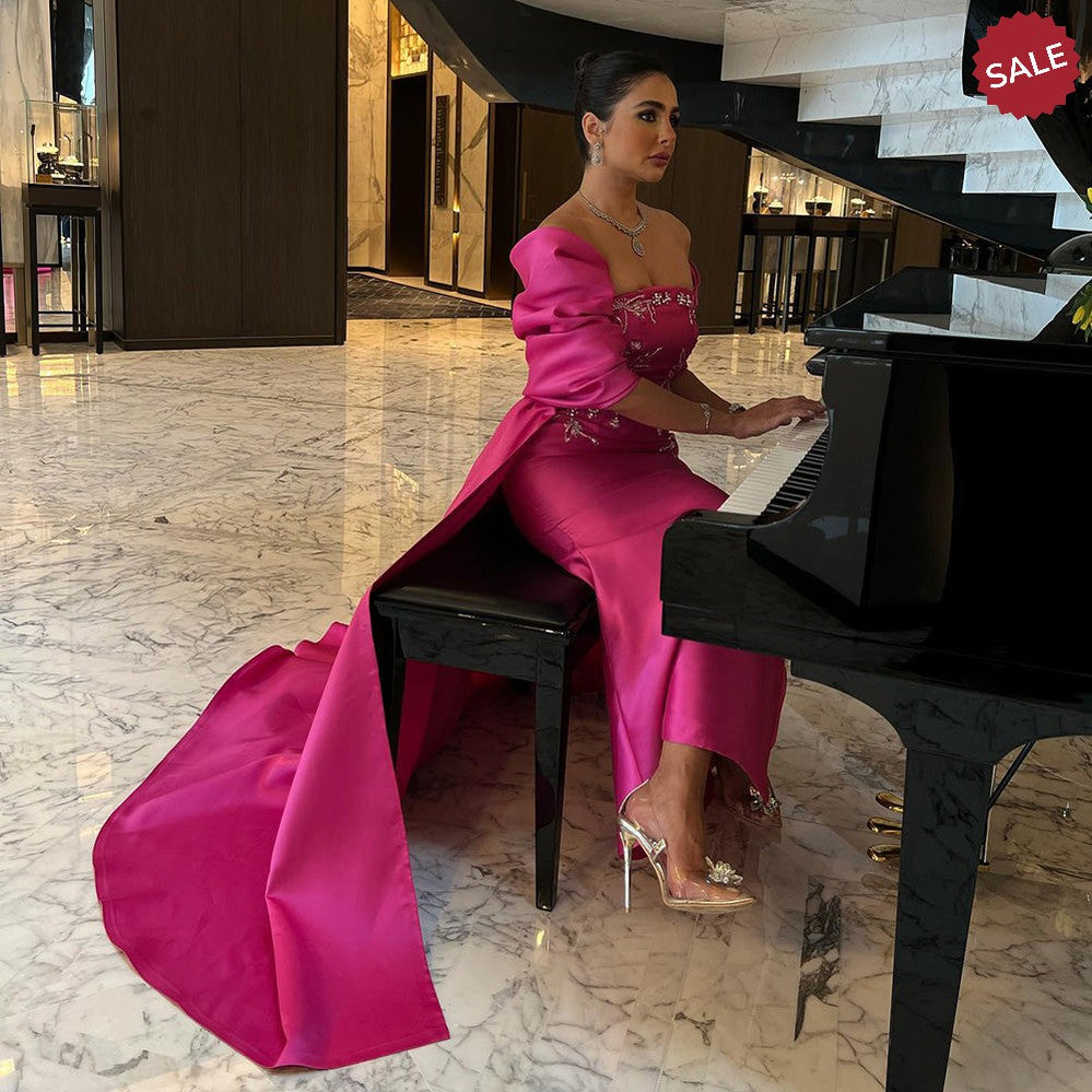 Fuchsia Mermaid Dubai Luxury Evening Dresses with Cape Shawl SS296
